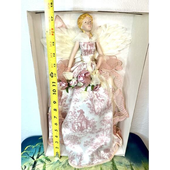 Vintage Pink Angel Tree Topper Porcelain Face And Hands With Feather Wings - Picture 6 of 8